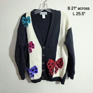 Vintage Black and White Sweater with Colorful Bows Small